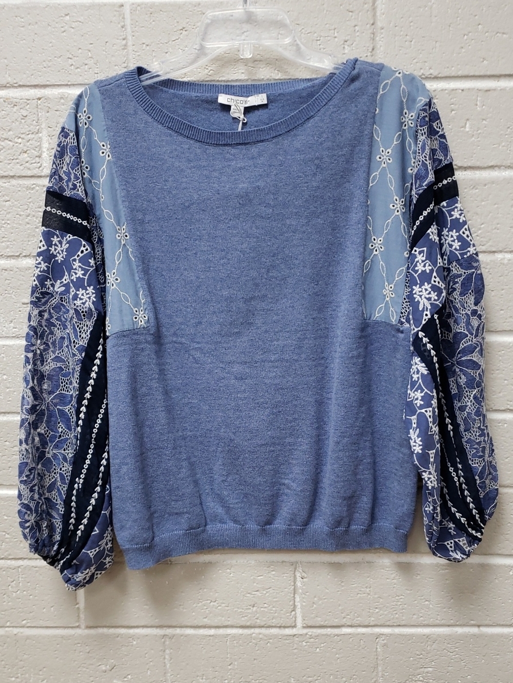 Chico's Blue Mixed-Media Pullover Sweater